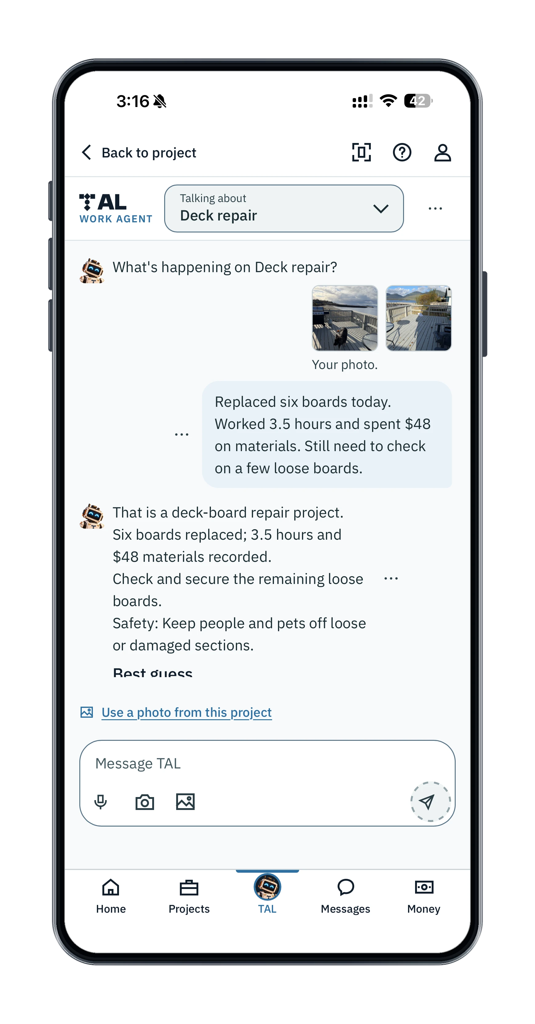 A Deck repair conversation with project photos, a report of six boards replaced, time and materials, and TAL suggesting the next steps.