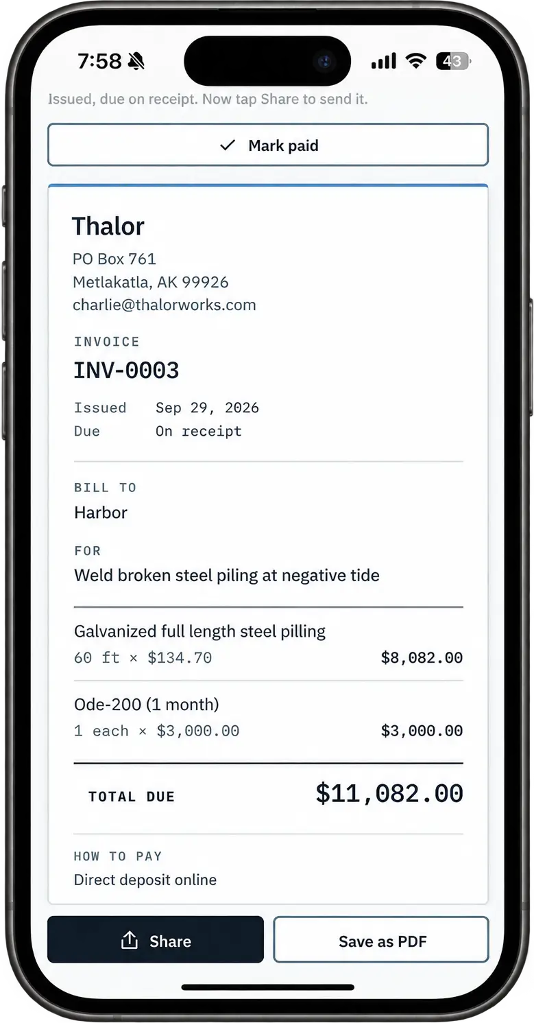 Thalor on a phone. An issued invoice for Weld broken steel piling at negative tide, with a steel piling line and an Ode line, a total due of $11,082.00, and Share and Save as PDF buttons