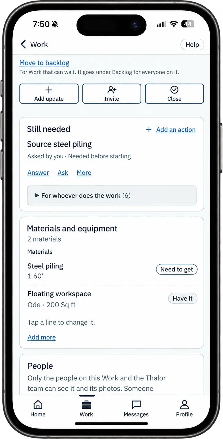 Thalor on a phone. The Work’s Still needed list, Source steel piling, and Materials and equipment, Steel piling (need to get) and an Ode floating workspace (have it)